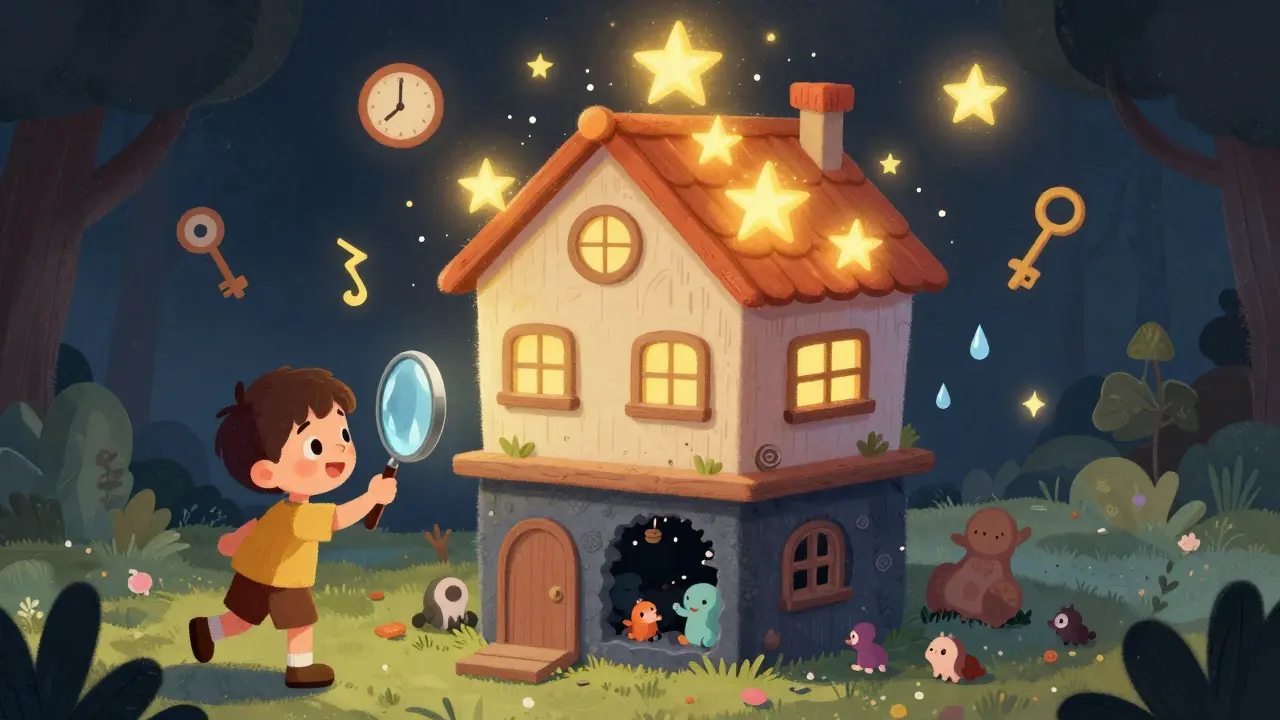 Çok katlı bir ev, üst katı yıldızlarla, alt katı karanlık yaratıklarla dolu.