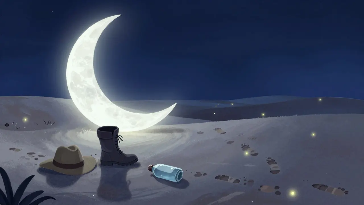 Çölde bırakılmış bir çizme ve izler, gecenin sessizliğinde.