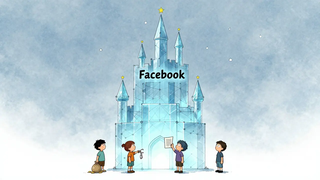 Facebook kalesi gökyüzünde, altta dört kişi ayrı ayrı, her biri bir kaybı temsil ediyor.