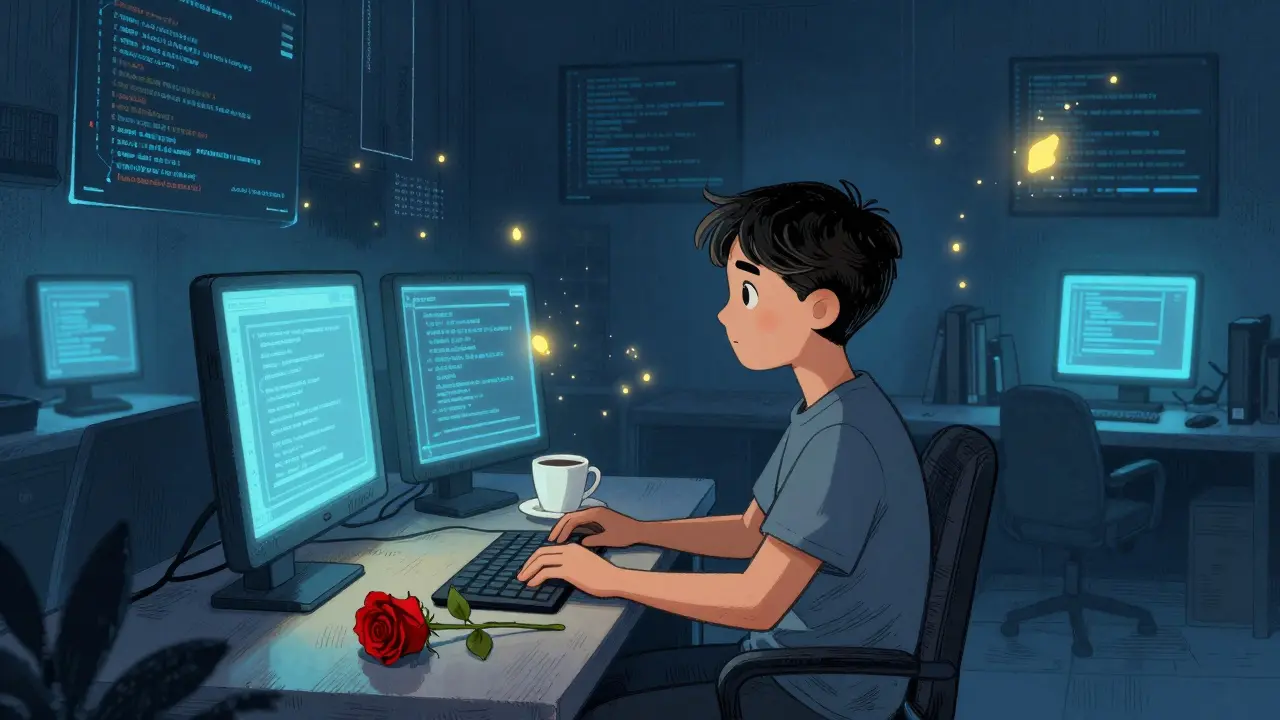 Genç bir adam, bilgisayar ekranlarının ışığıyla aydınlanmış bir odada yalnız oturuyor.