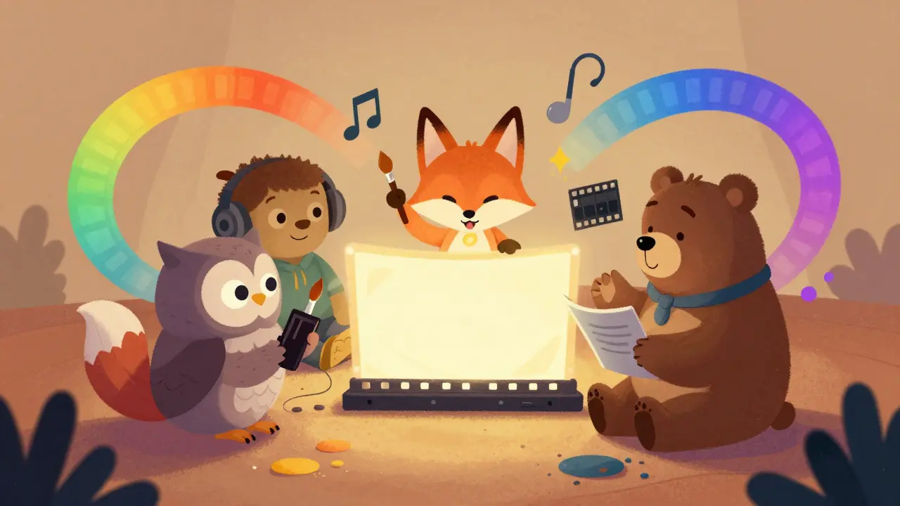 Hayvanlar bir ekip olarak film üzerinde çalışırken, ses, renk ve hikaye etrafında döner.