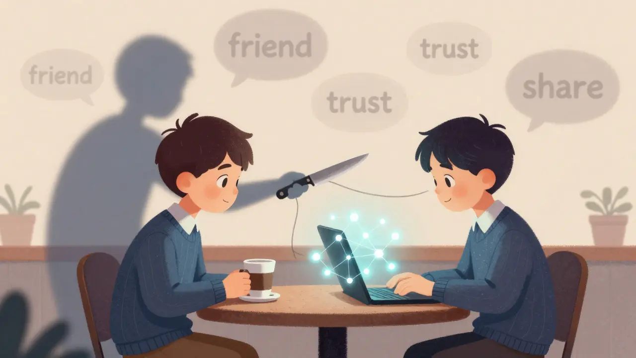 İki arkadaş kahve içiyor, biri bilgisayarda sosyal bağlantılar oluşturuyor, gölgesi onu yaralıyor.