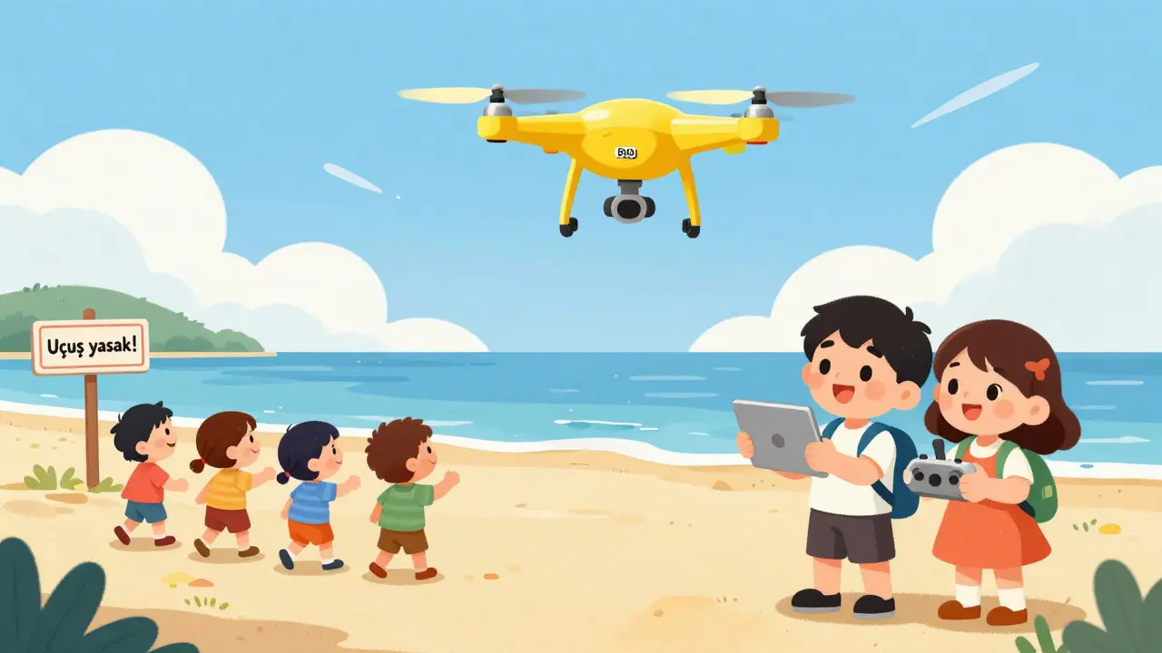 İki kişi, sahildeki çocuklardan 50 metre uzakta güvenli bir şekilde drone'u kontrol ediyor.