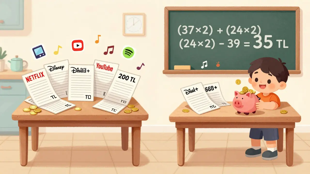 İki mutfak masası karşılaştırması: birinde çok fazla fatura, diğerinde az fatura ve bir kumbara.