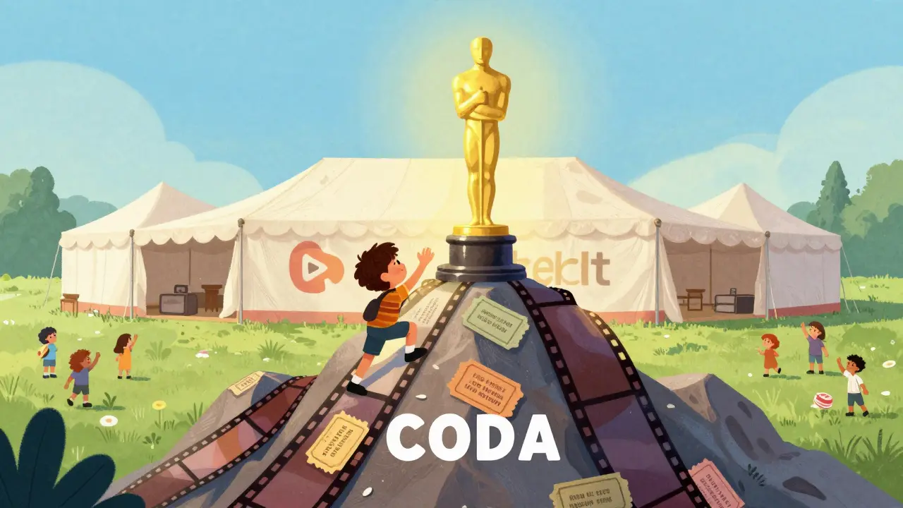 Küçük bir bağımsız film, festival biletleri ve film şeritlerinden oluşan bir dağın tepesindeki Oscar madalyasına tırmanıyor.