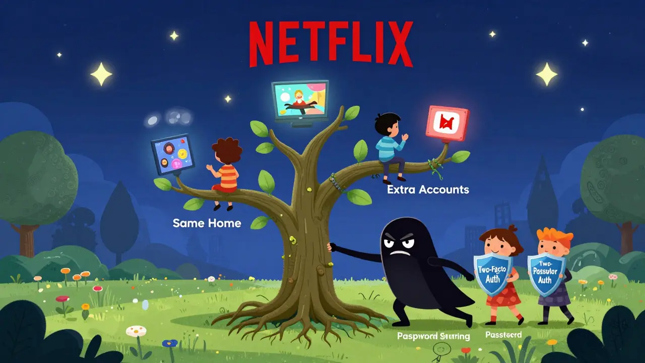Netflix hesap ağacı, aynı ev kökleri ve ek hesap dallarıyla, şifre paylaşımı karanlık figürüyle itilip uzaklaştırılıyor.