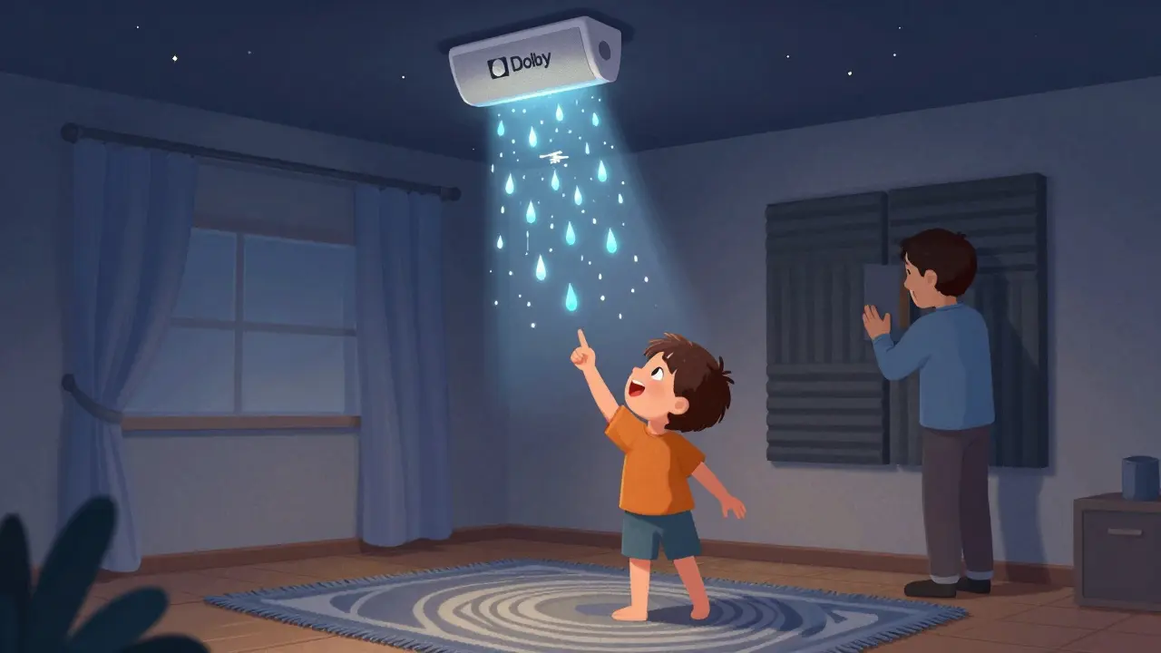 A child watching sound waves rise from a ceiling speaker as rain and helicopters float in the air, with acoustic panels on the wall.