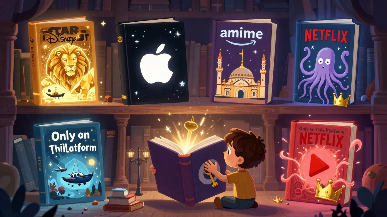 A magical library where each streaming platform is a glowing book with icons representing their exclusive content like Marvel, Çukur, and Oscars.