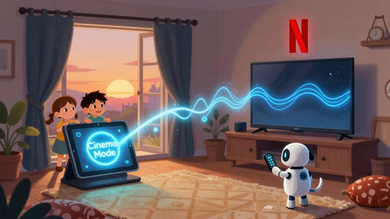 A smart home button activating cinema mode: lights dim, curtains close, and a Netflix logo appears above the TV with a robot dog nearby.