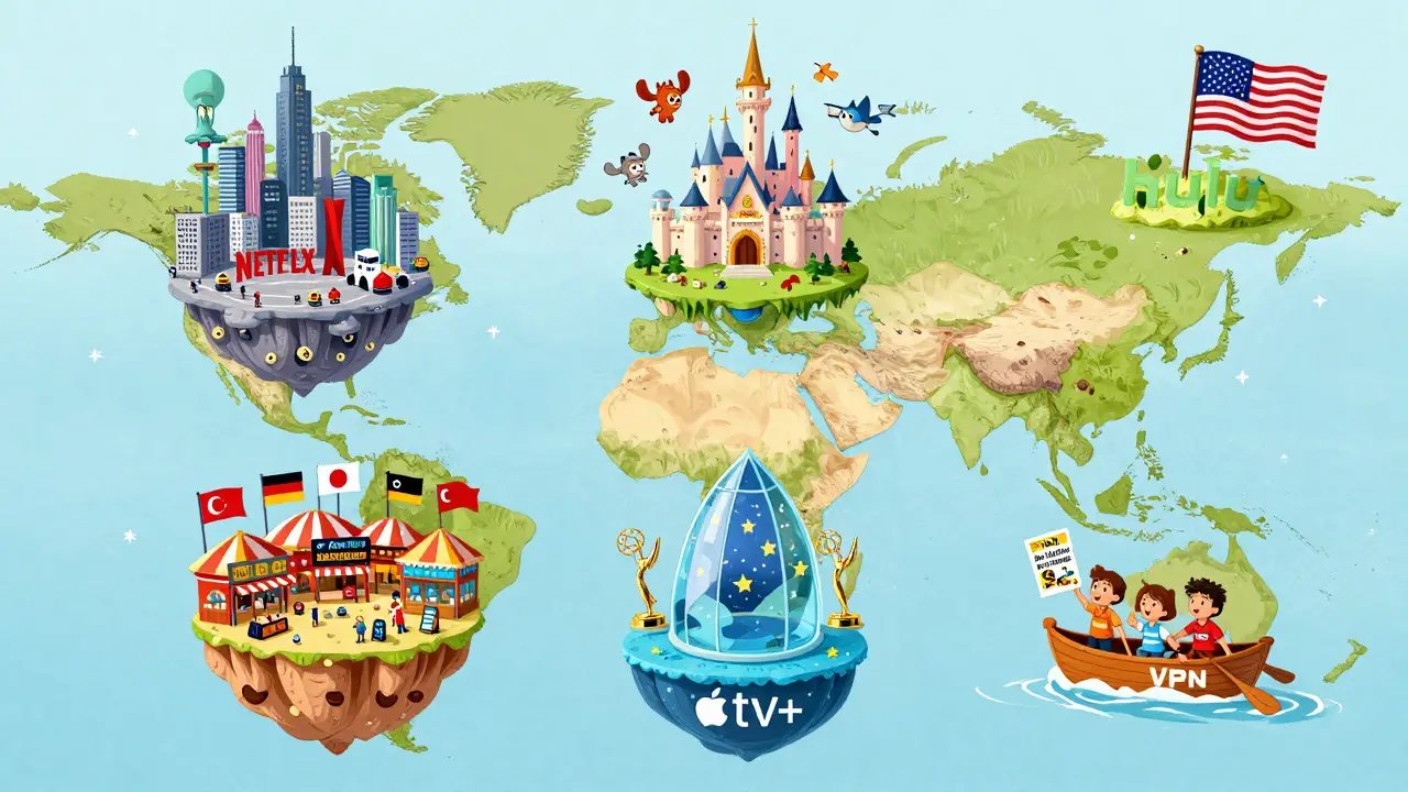 A world map with five streaming platform islands, and Turkish children rowing toward Hulu with a poster of Only Murders in the Building.