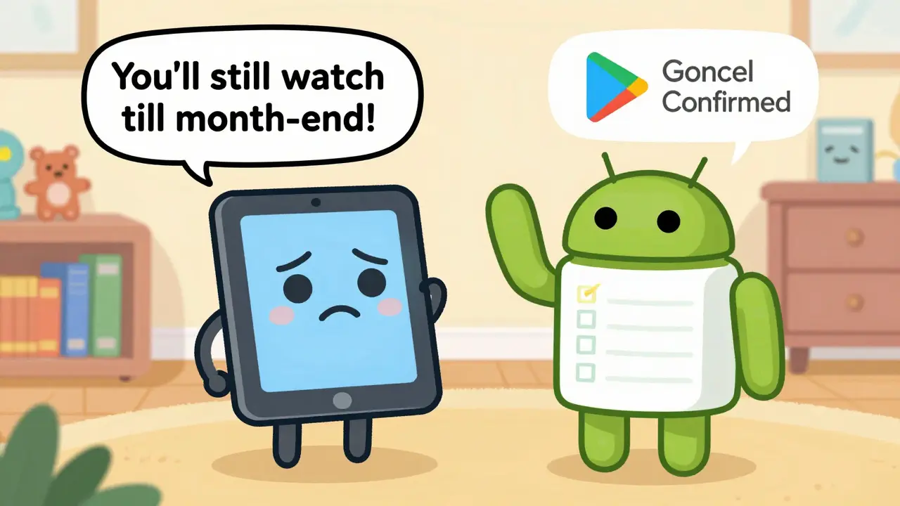 Android tablet, Netflix karakteriyle vedalaşırken Google Play logosu iptal onayını veriyor.