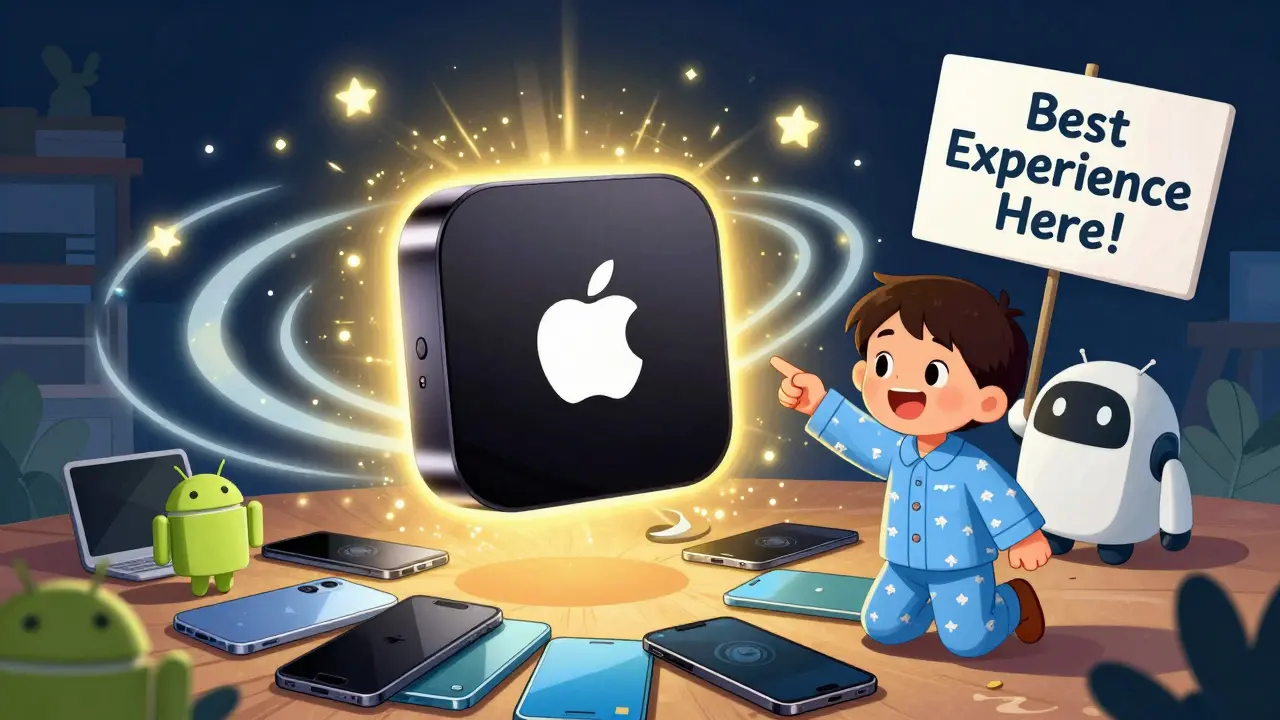 Apple TV 4K kutusu, Android ve Windows cihazlarının üzerine parlayan bir ışıkla mükemmel bir izleme deneyimi sunuyor.