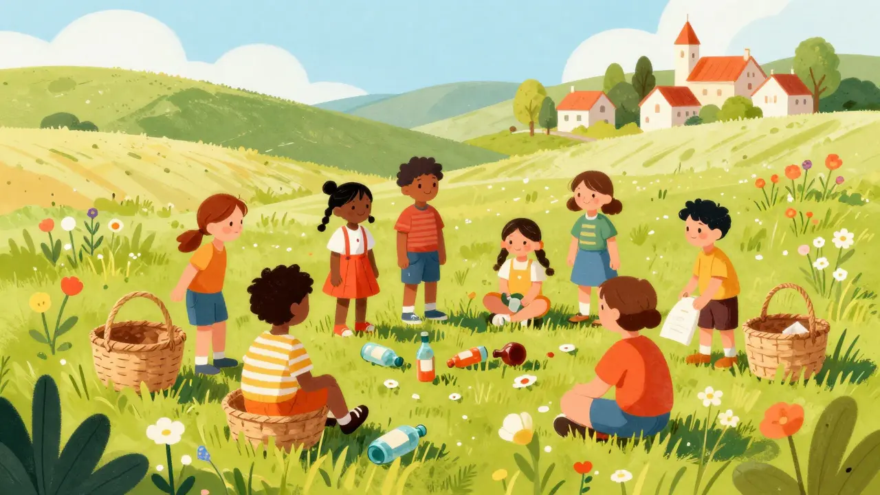 Atık toplayıcılar tarlada toplanan eşyaları inceliyor.