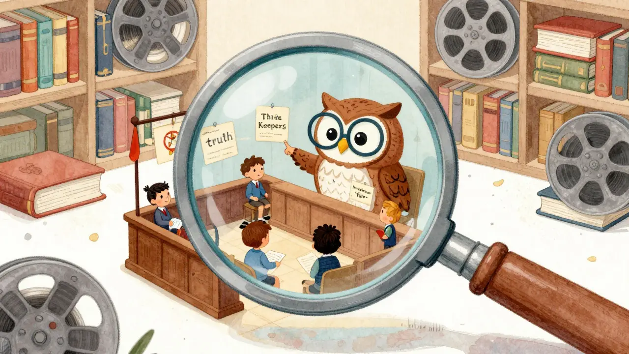 Bir baykuş, küçük bir mahkeme sahnesinde kanıt kartlarını gösteriyor.