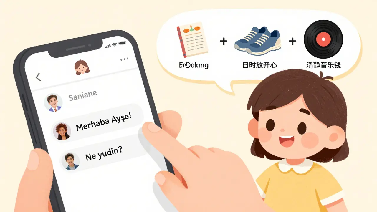 Bir canlı yayında izleyicilerin yorumları okunuyor, düşünme balonlarında tarif, egzersiz ve müzik görselleri var.