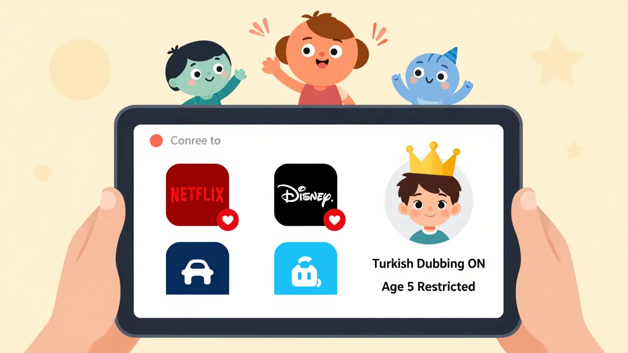 Bir çocuğun tabletinde Türkçe dublajlı ve yaşa uygun içeriklerle ayarlanmış profil gösteriliyor.