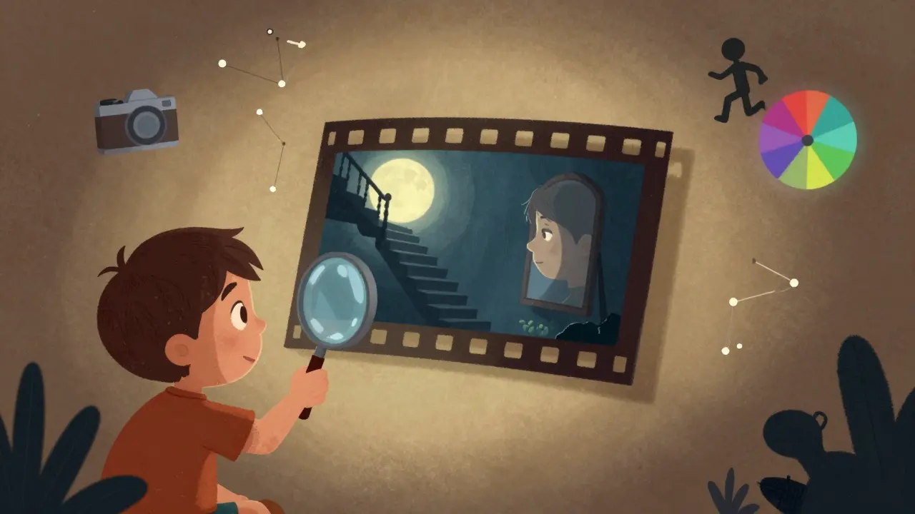 Bir çocuk büyüteçle bir film karesini inceliyor, içinde gizli gölgeler, merdivenler ve aynalar görülüyor.
