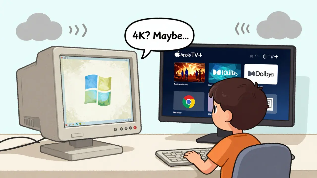 Bir çocuk, eski görünümdeki Windows Apple TV+ uygulamasıyla 4K video izlemeye çalışıyor.