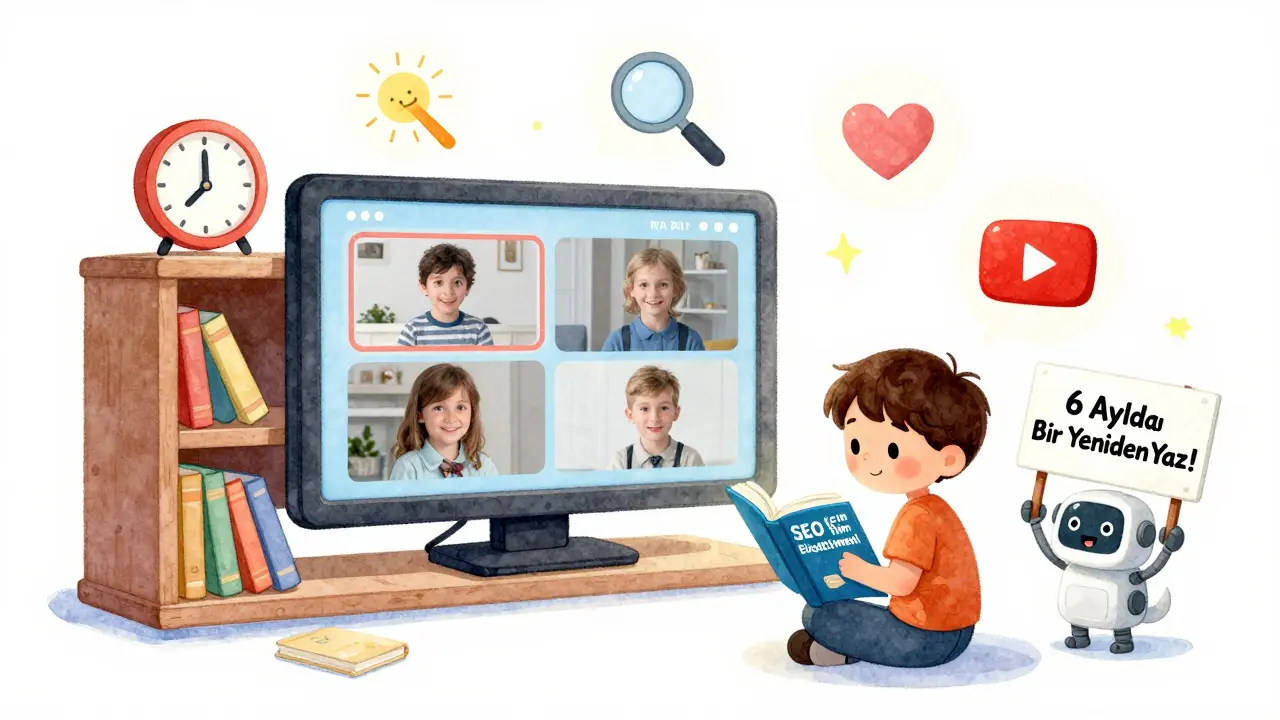 Bir çocuk, SEO unsurları ve bir YouTube videosu gösteren bir kitaplık üzerinde kitap okuyor.