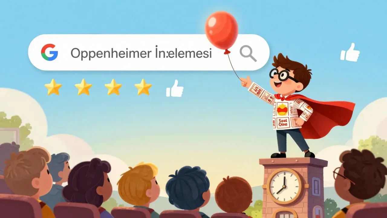 Bir film eleştirmeni, 24 saat önce yayınlama saatini gösteren bir saat kulesinden inceleme balonu atıyor.