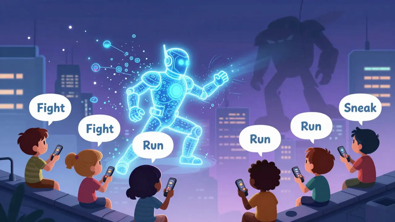 Children watching an AI warrior battle a machine in a glowing city with choice buttons.