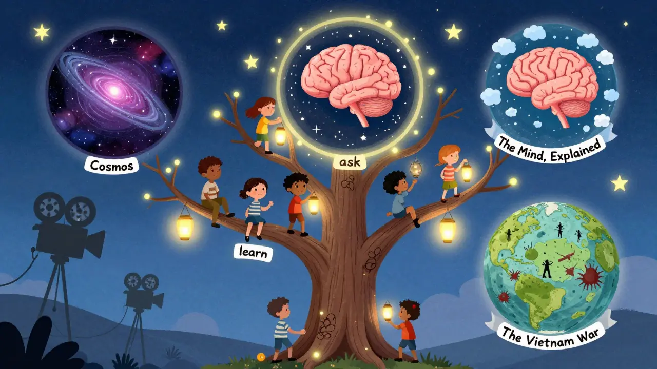 Çocuklar, evren, beyin ve tarih temalı dalları olan bir kozmik ağaç tırmanıyor.