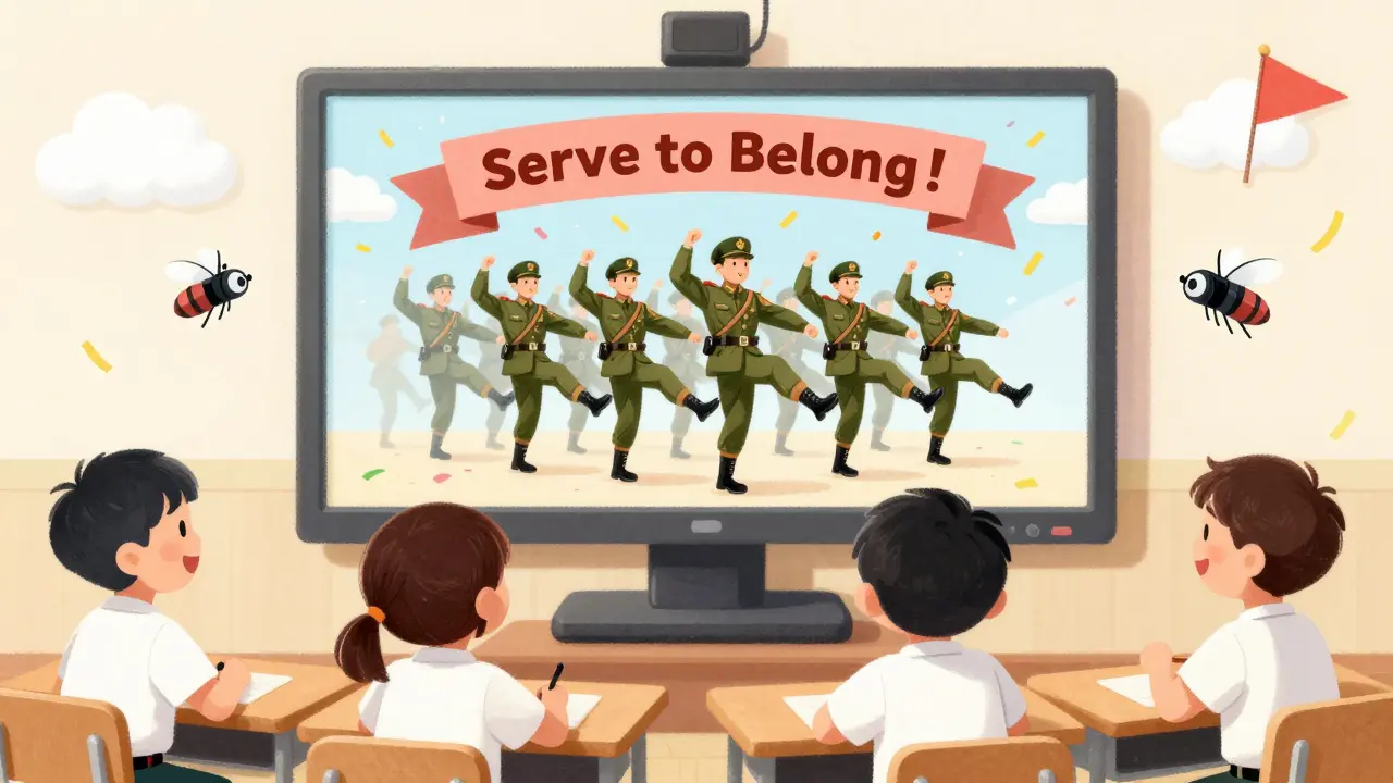 Çocuklar, savaşçıları dans eder gibi gösteren bir TV ekranını izlerken, etrafta konfetiler yağıyor.