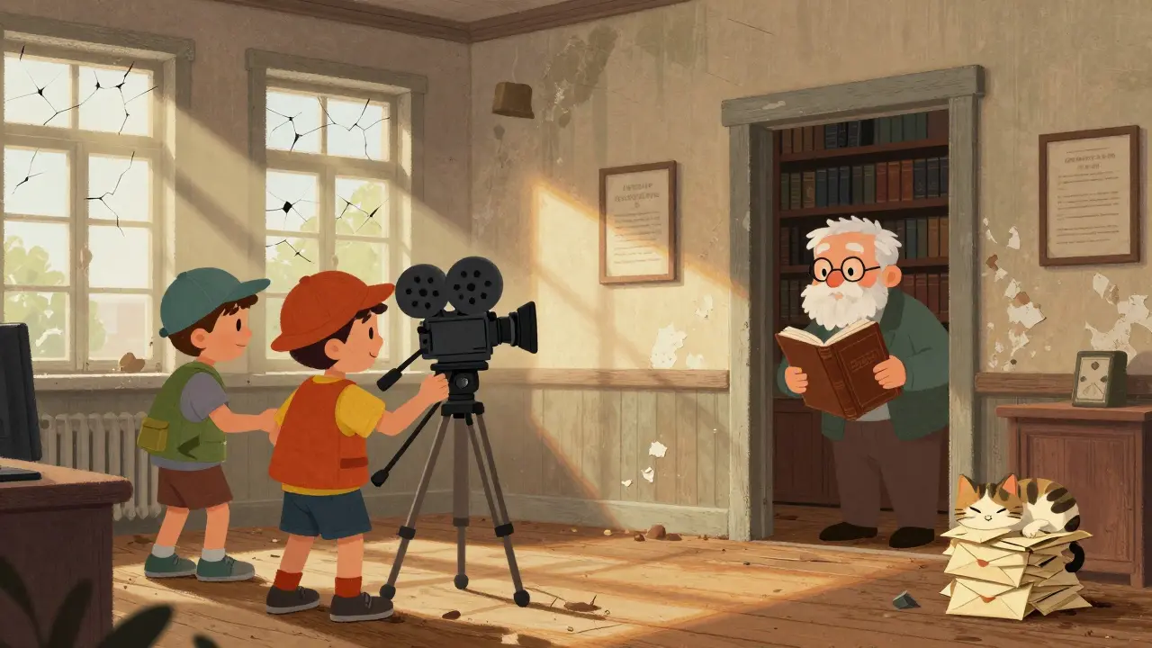 Eski bir postane içi, ışıkla aydınlanan bir film çekimi sahnesi.