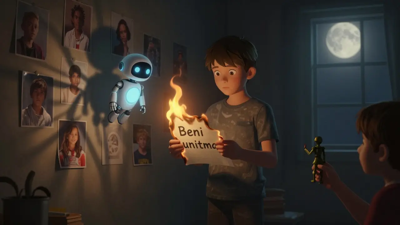 Ethan Hunt burning a note that says 'Beni unutma', with a glowing AI robot nearby.