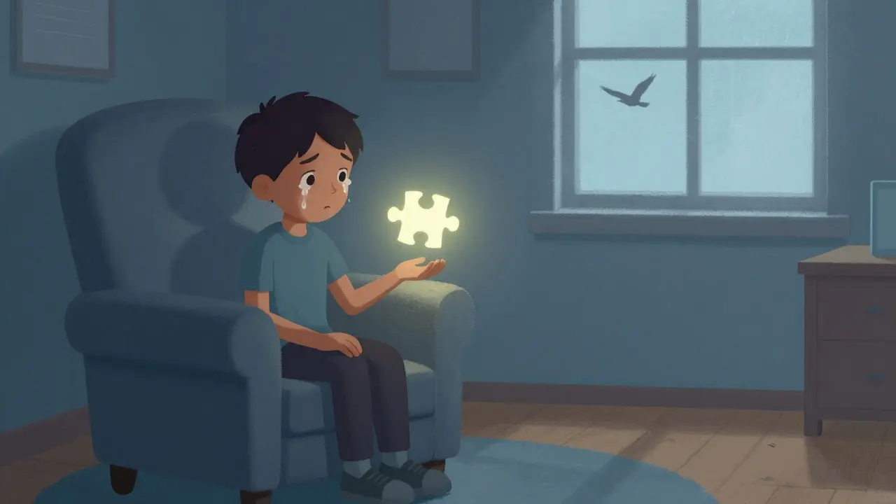 Ethan Hunt in a quiet therapy room, tears on his face, a glowing puzzle piece above his hand.