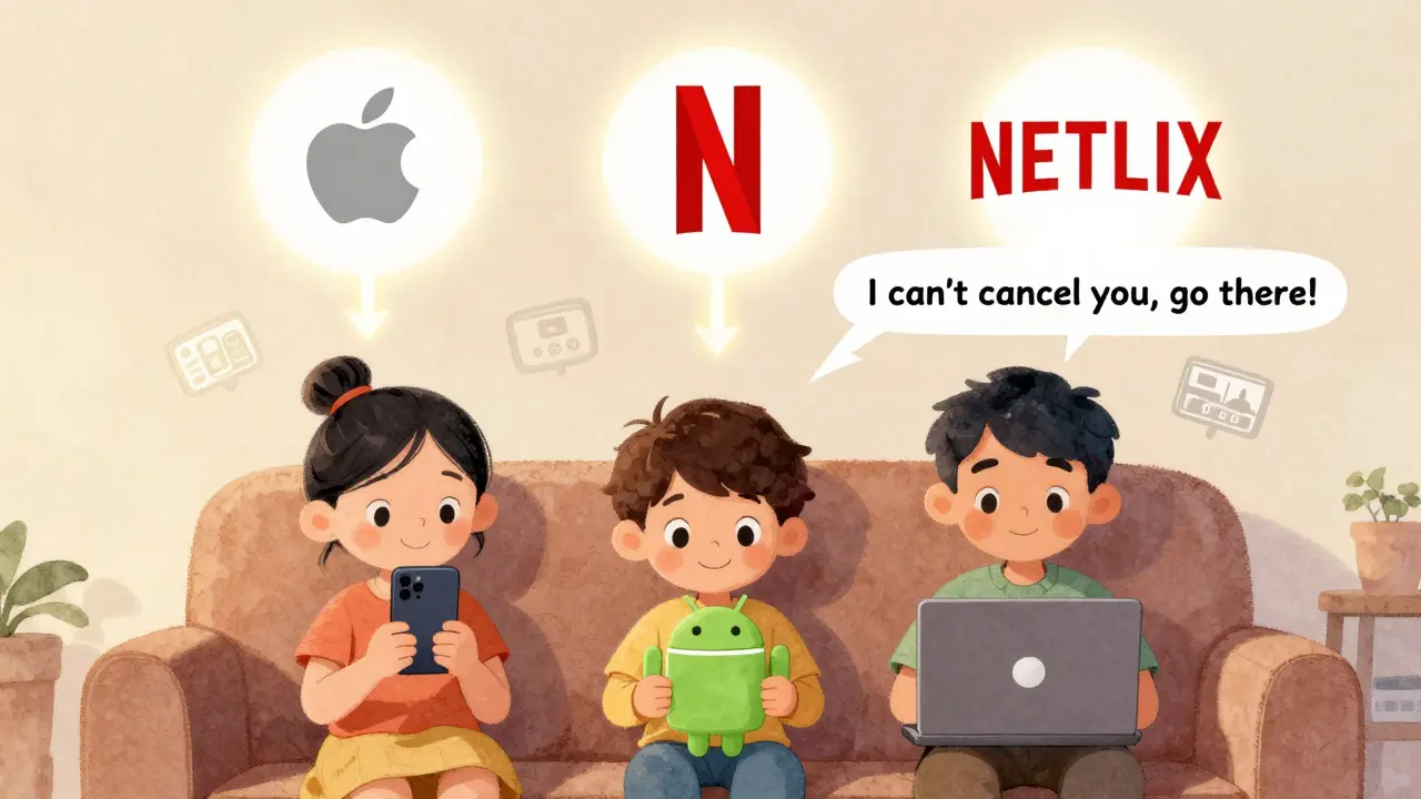 Farklı cihazlara sahip bir aile, Netflix'in iptal için Apple veya Google'a yönlendirdiği sahneyi gösteriyor.