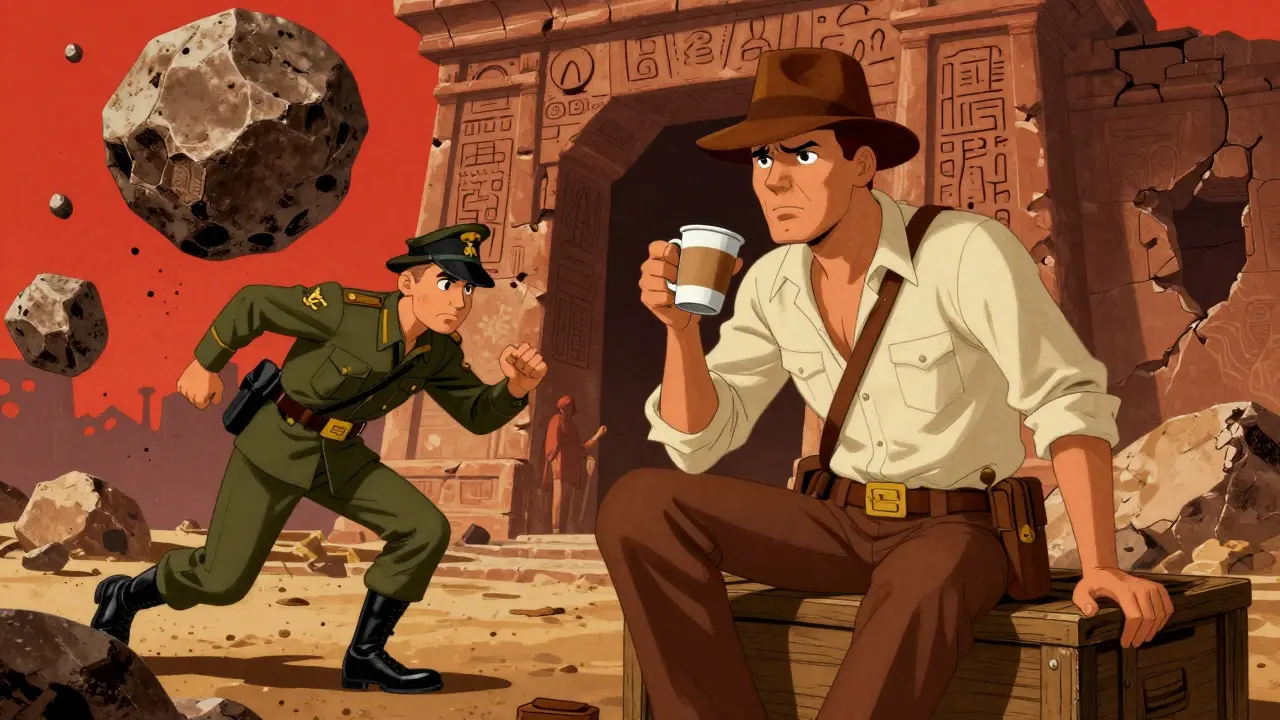 Indiana Jones, bir Nazi askerini bir taşla kafa karıştırırken kahve içerken gülümseyerek bakıyor.