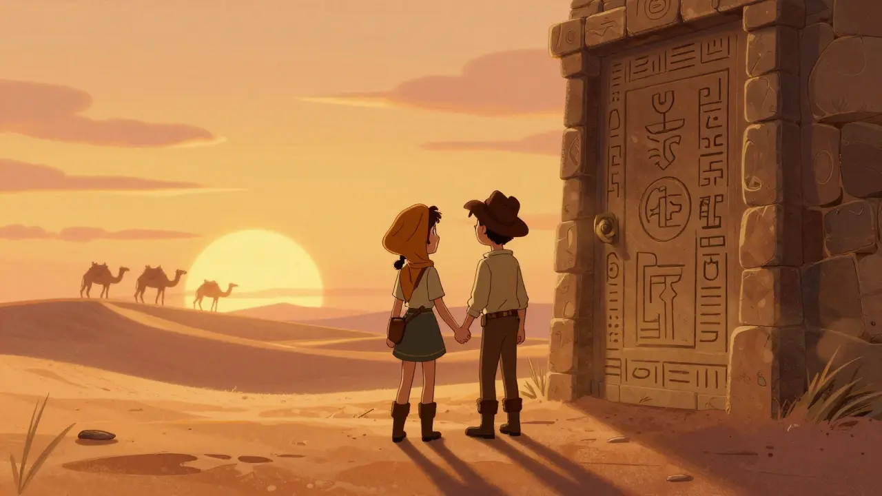 Indiana Jones ve Marion, gizemli bir kapı önünde güneşin batışında mutlu bir şekilde el ele tutuşuyor.