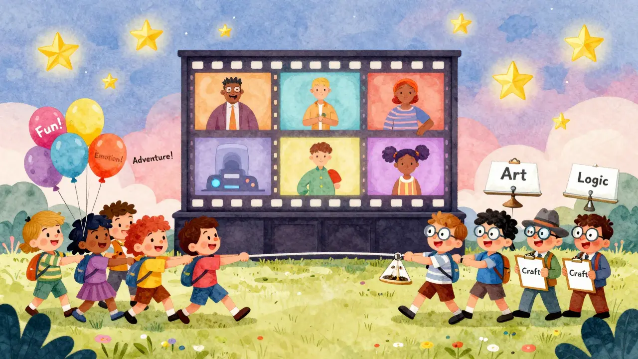 İzleyiciler ve eleştirmenler, eğlence ve sanat arasında bir çekmece oynuyor, arada bir film ekranı var.