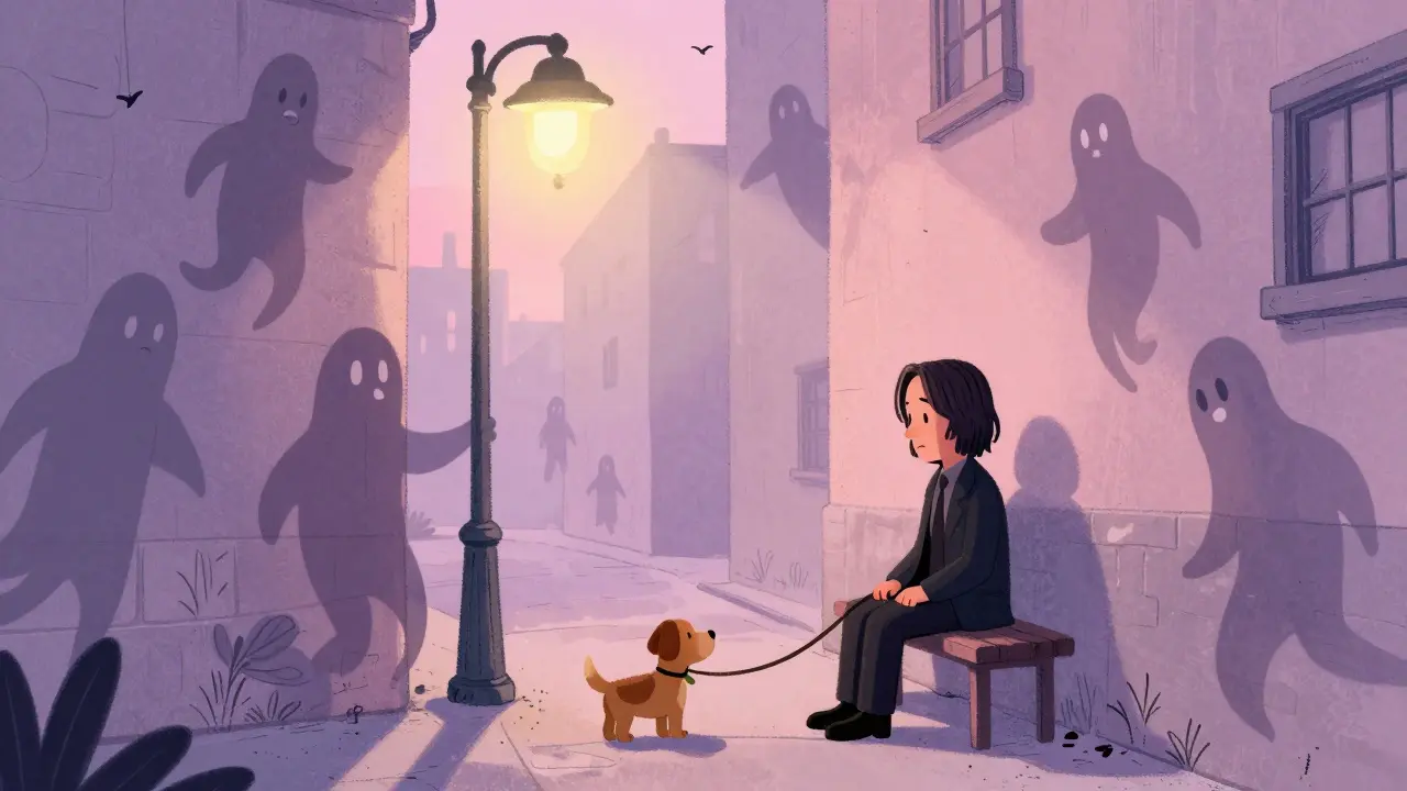 John Wick holding a dog leash with a rose, surrounded by gentle shadowy figures.