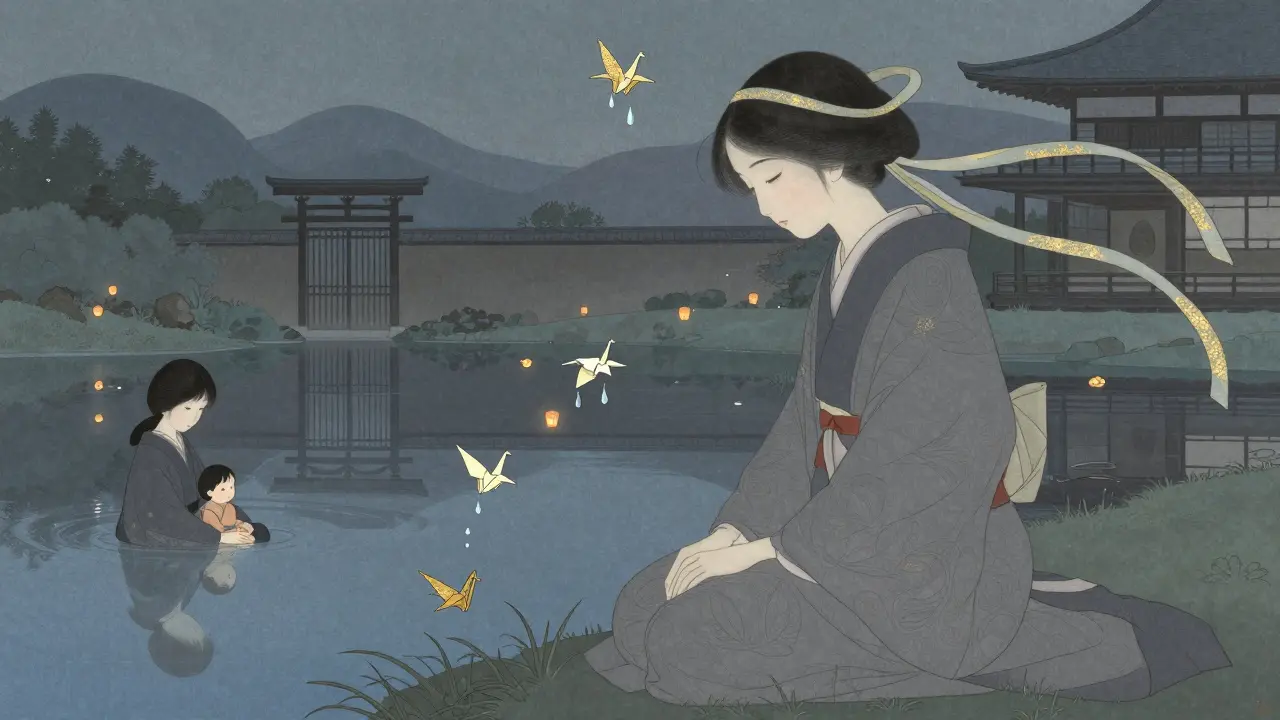 Mizoguchi'nin sessiz bir göl kenarında oturduğu, yansımasında kadınların hikayelerinin göründüğü yumuşak renkli bir sahne.