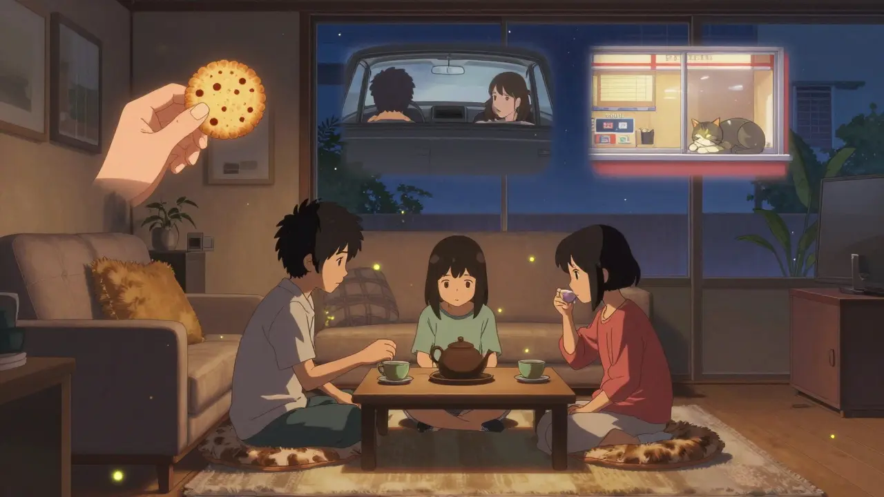 Modern Japon yönetmenlerin çay içtikleri, filmlerinden gelen küçük görüntülerin havada yüzdüğü sıcak bir akşam sahnesi.