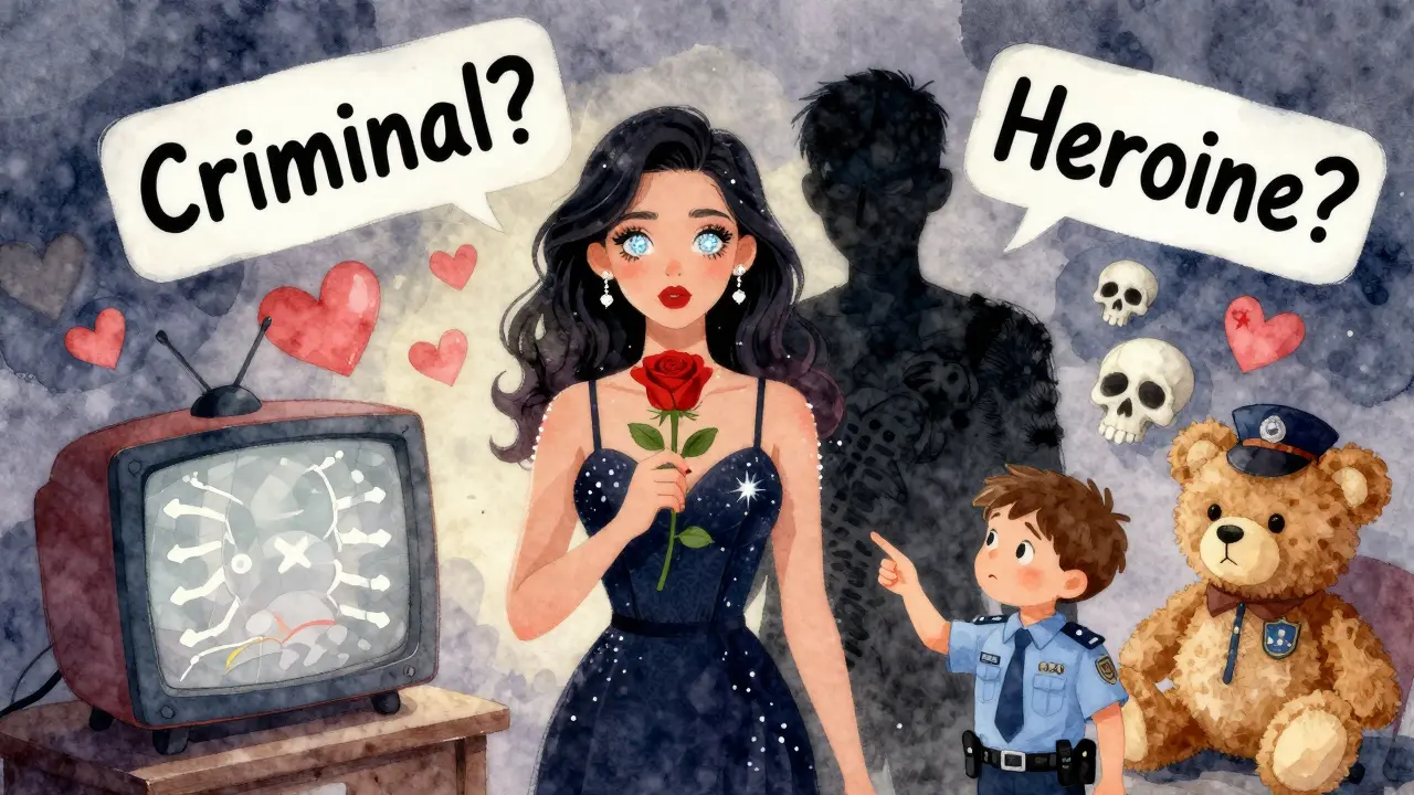 Parlak bir kadın, TV statikinden oluşan bir gölgeyle birlikte, kalp ve kafatası sembolleri arasında duruyor.