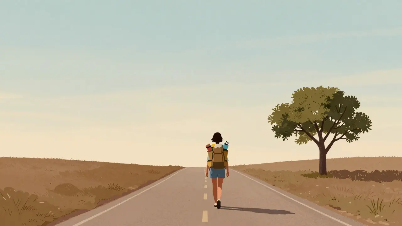 Tek başına yolda yürüyen kadın ve doğal manzara.