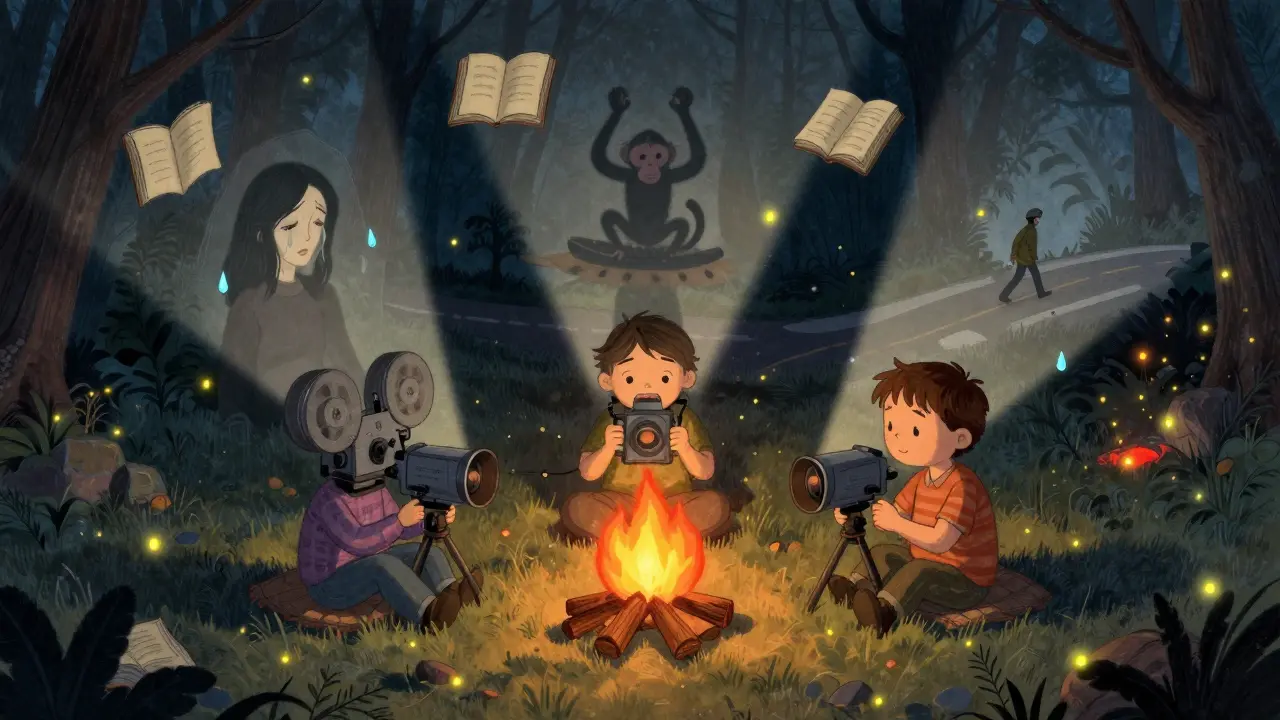 Üç sinema ustası, film projeksiyonları ile ateş etrafında oturuyor.