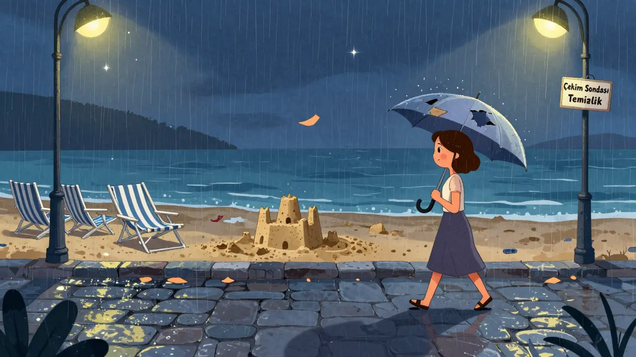 Yağmurda yürüyen bir kadın, sessiz bir kıyıda, ışıkla parlayan damlalarla.