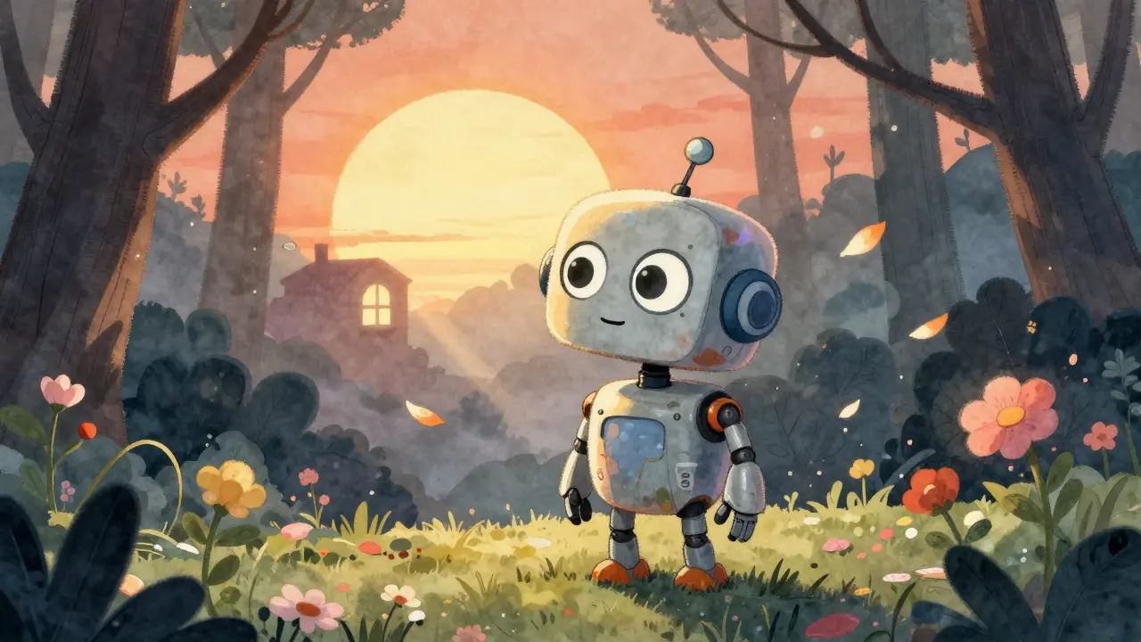 Yapay bir robot sabah ışığında gülümserken, etrafında renkli çiçekler açıyor ve karanlık orman arka planda kayboluyor.