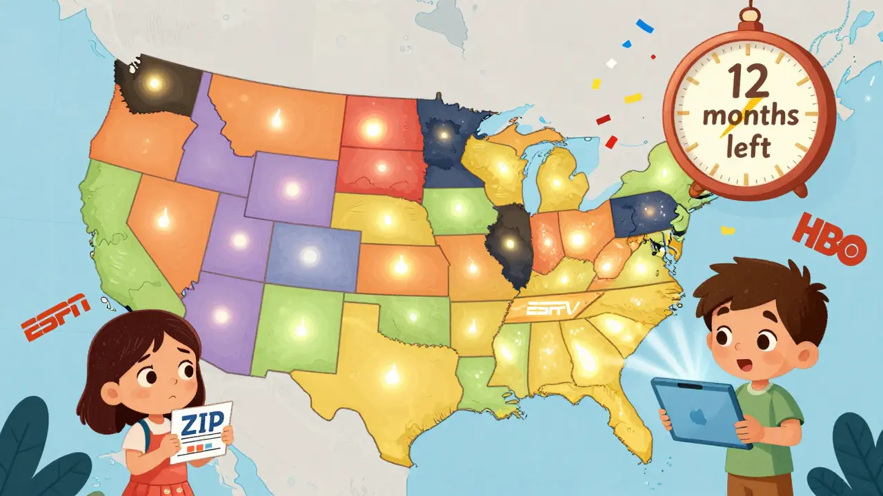ABD haritasında DirecTV Stream'in çalıştığı ve çalışmadığı bölgeler gösteriliyor, bir çocuk ZIP kodu tutuyor.