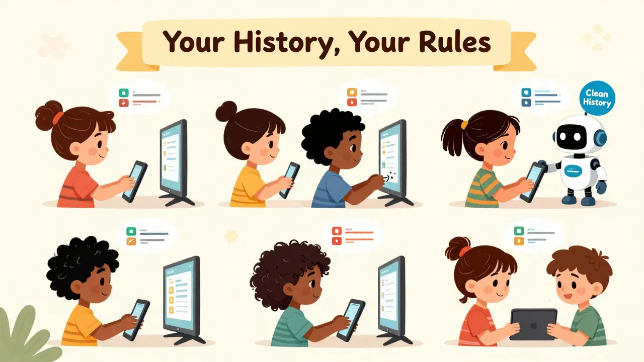 Aile üyeleri kendi profillerinde izleme geçmişini yönetiyor, bir robot geçmişleri temizliyor.