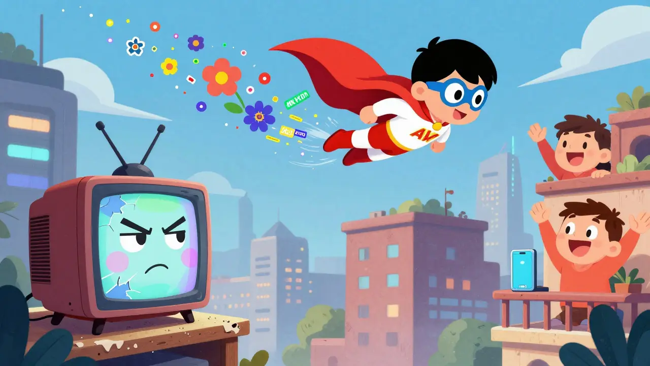 AV1 süper kahramanı, 4K HDR videolarla kaplı bir perdeyle şehir üstünde uçuyor, HEVC eski bir TV'de unutulmuş.