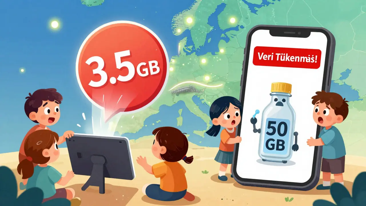 Bir aile 4K film izlerken veri tükeniyor, yan tarafta telefonunda uyarı mesajı var.