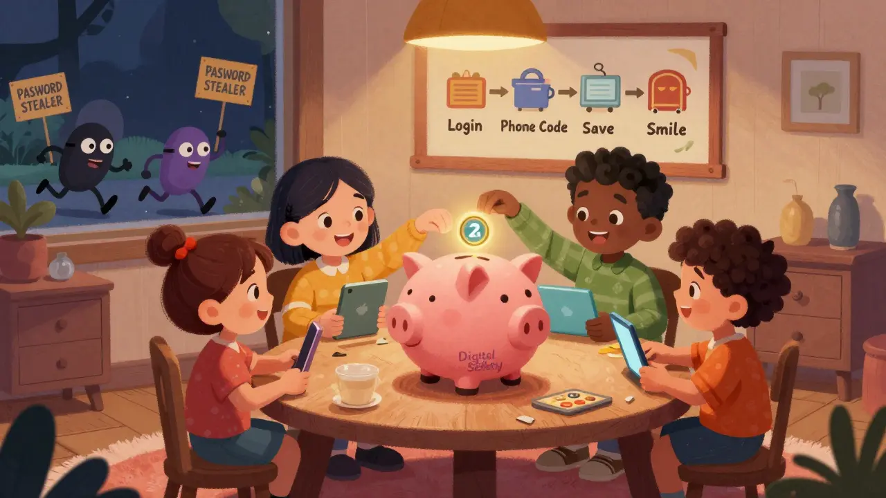 Bir aile, dijital güvenliği artırmak için 2FA kodlarını bir kumbara içine koyuyor, arka planda güvenlik posteri var.