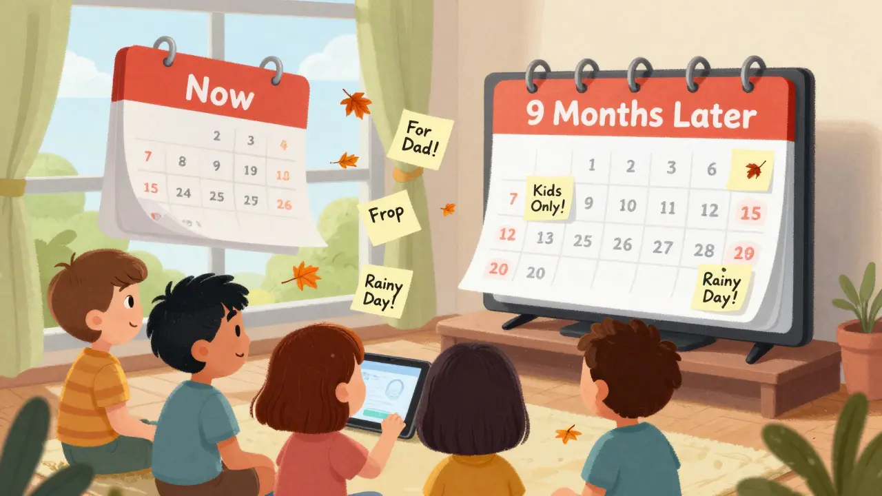 Bir aile, TV kayıtlarına etiketler yapıştırıyor; dışarıda bir takvim 9 ay sonunu gösteriyor ve kayıtlar yaprak gibi dökülüyor.