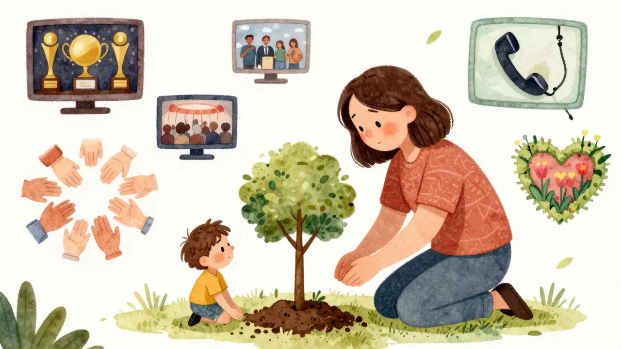 Bir belgesel yapımcısı, bir annenin yanında bir ağaç dikerek ona destek oluyor.