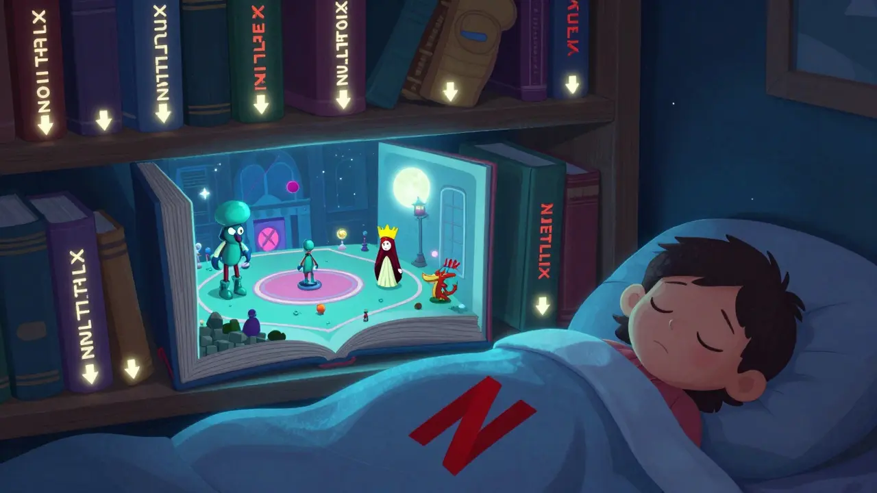 Bir çocuğun odasında, indirilen Netflix dizileri büyülenmiş kitaplar olarak duruyor.